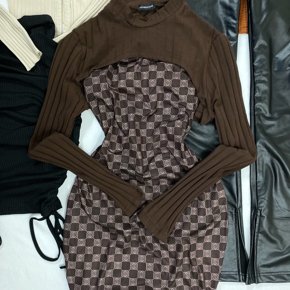 Brown Bodycon Mini Dress with Longsleeve Top